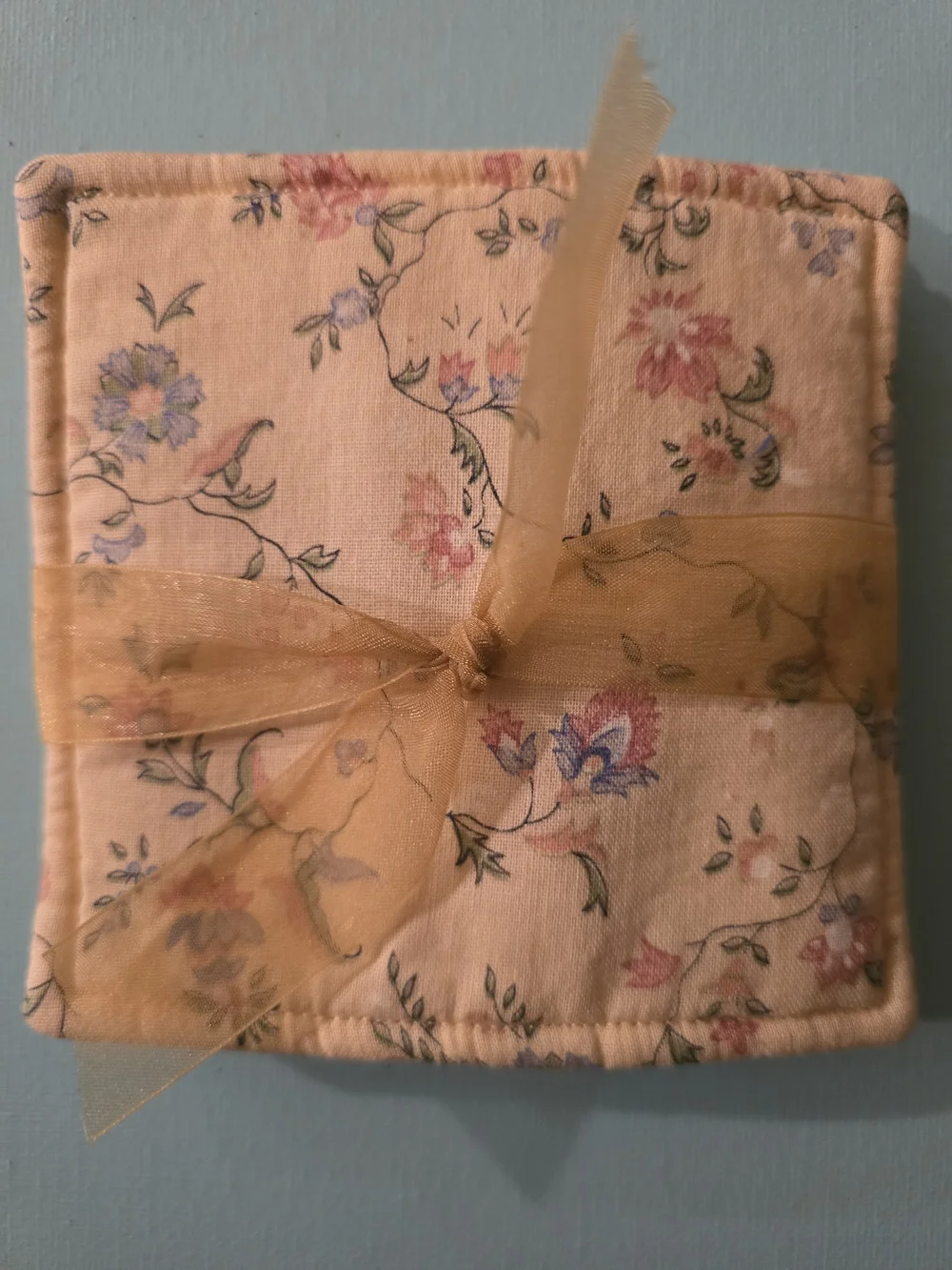 Floral Quilted Fabric Coaster Set with Gold Organza Bow